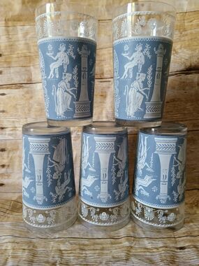 Jeannette Glass Corinthian Blue 5 Tumblers Flat 5" h 8 oz Greek Figures